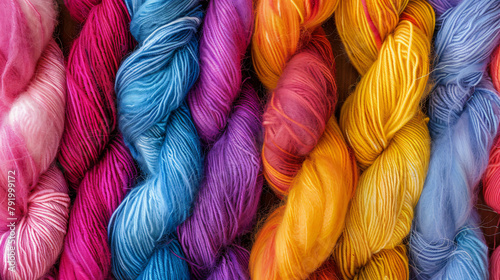 Background hanks of colourful wool twisting photo