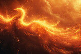 Giant orange mythological Phoenix bird soaring through starry cloudy sky, immortal concept