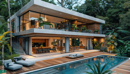 A modern house in the Amazon Rainforest, featuring large glass windows and an outdoor pool with clear water. The interior includes contemporary furniture made from natural materials like wood. photo