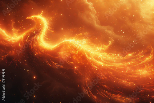 Giant orange mythological Phoenix bird soaring through starry cloudy sky, immortal concept