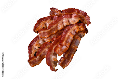 Delicious fresh fried bacon with salt and spices on a dark background