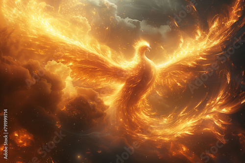 Majestic mythological Phoenix bird soaring through cloudy sky, immortal, resurrection concept photo