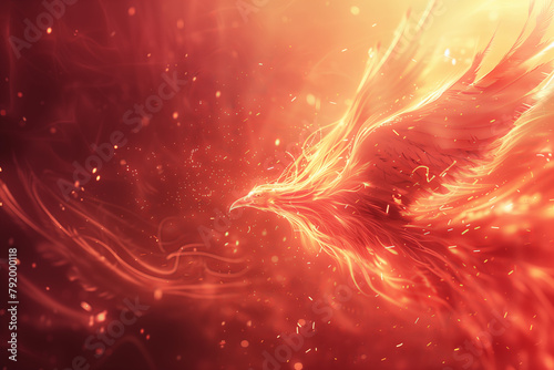 Red and yellow legendary Phoenix bird soaring in the fiery air, immortal, resurrection concept