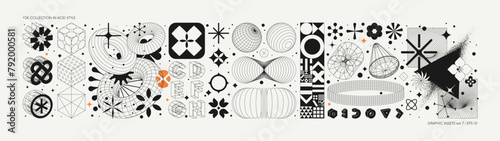 Vector graphic assets set in acid style, retro futuristic background with wireframe elements of different forms, bold modern shapes for design template, poster, stickers, banner in Y2k style set 7 © max_776