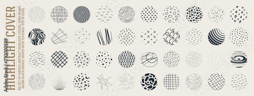 Big Set of various abstract highlight covers, hand drawn round black doodle shapes with textures, pattern icons stories for social media, spotted and lines, splashes, stripes, ornament and dots