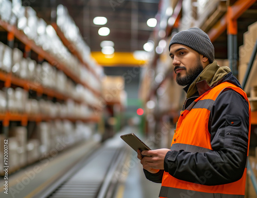 Warehouse worker safety vest using tablet beside conveyor parcels. Industrial technology concept © liubovyashkir