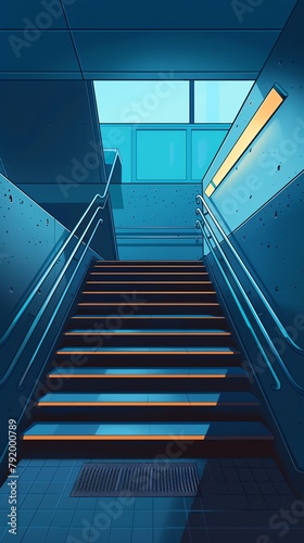 Illustration of a well-lit staircase with handrails and anti-slip mats, showcasing infrastructure designed to prevent falls in public buildings photo