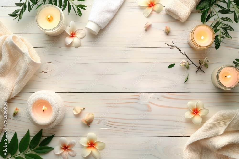 Wooden Table with Candles and Flowers Wooden Table with Candles and Flowers
