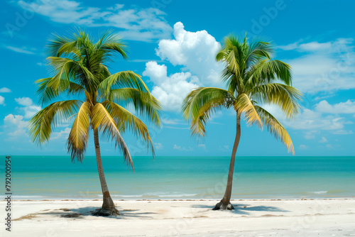 Two palm tree stands tall on sandy beach under a clear blue sky.