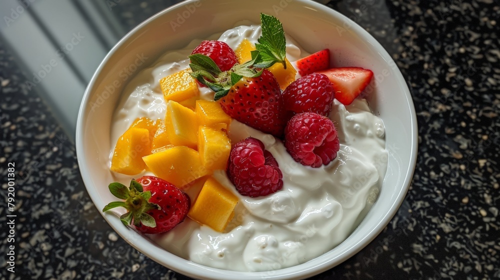 Greek Yogurt Bowl with Fresh Strawberries and Mango Cubes Greek Yogurt Bowl with Fresh Strawberries and Mango Cubes