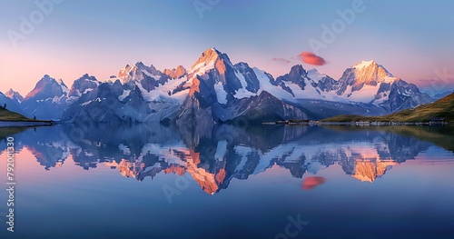 In the Swiss Alps, B Common and stove mountain peaks above Lake Monch at sunrise
