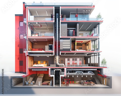 Detailed cross-section of a modern building showing integrated fire safety systems, including sprinklers and smoke detectors, educational cutaway diagram style