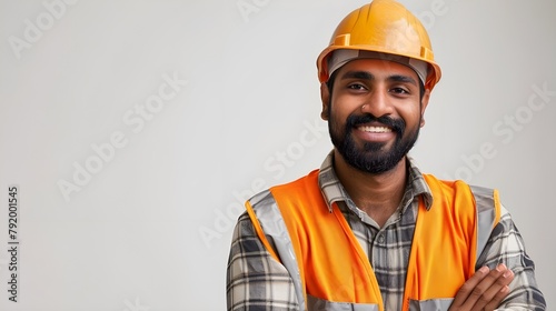 Construction worker, engineer and studio portrait of happy man in vest and helmet for safety on white background. Smile, contractor or architect in planning or renovation, project manager Ai generated