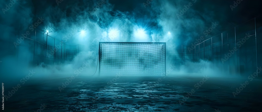 Naklejka premium Dark foggy background with a sports goal net in focus. Concept Foggy Setting, Sports Goal Net, Atmospheric Backdrop, Outdoor Photography, Mysterious Scene