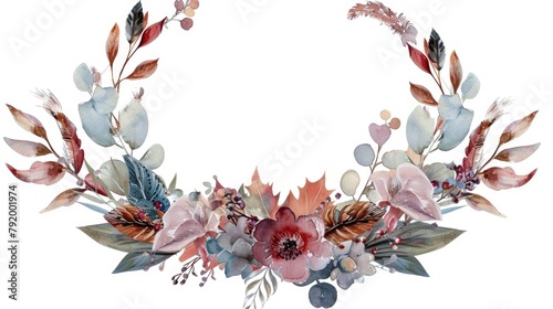 Watercolor flower wreath on white background