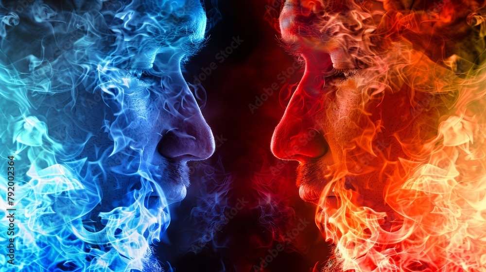 In the background image, blue and red flames face each other, each taking up half of the frame - obrazy, fototapety, plakaty 