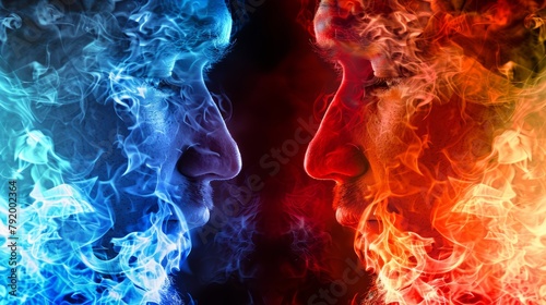 In the background image, blue and red flames face each other, each taking up half of the frame photo