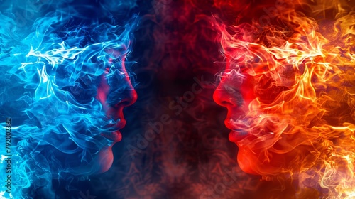 In the background image, blue and red flames face each other, each taking up half of the frame photo