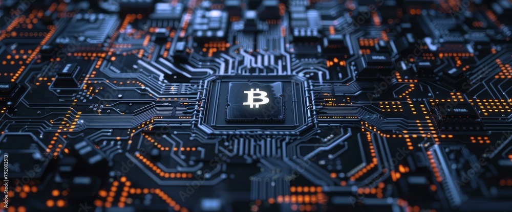 Abstract circuit board pattern with a Bitcoin logo in the center on a black background. A digital rendering depicting blockchain technology and the concept of digital currency