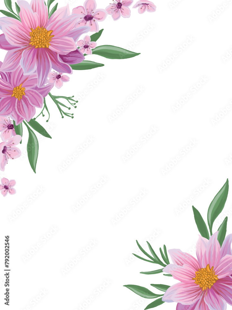 Naklejka premium Beautiful pink flowers and leaves floral background