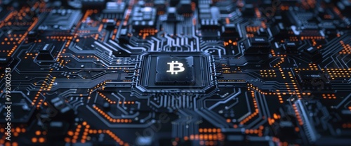 Abstract circuit board pattern with a Bitcoin logo in the center on a black background. A digital rendering depicting blockchain technology and the concept of digital currency