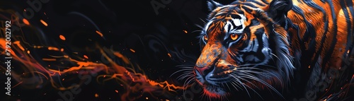 A fearsome 3D tiger, stripes a bold pattern of black and orange threads, prowling silently