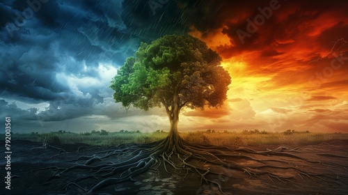 Stunning concept artwork of a lone tree with vivid sky and contrasting weather elements, representing change. photo