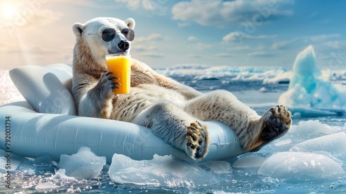 A polar bear in sunglasses, lounging on an inflatable with a refreshing drink, amidst melting ice.