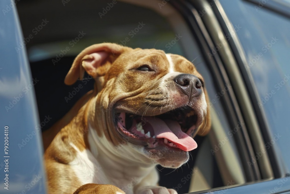 Happy dog in car window enjoying cute puppy