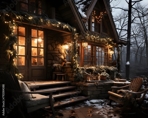 Winter cottage with christmas lights and decorations. 3d rendering.