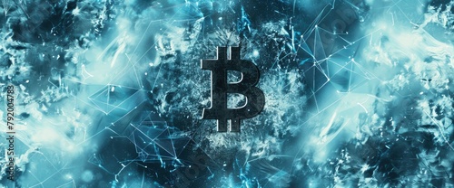 digital illustration of the bitcoin symbol surrounded in the style of a digital network lines, on a blue background, with white and light gray colors, using a dark blue and black color theme