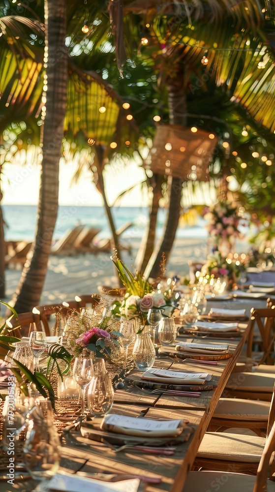 a sprawling event space dotted with colorful tents, bustling with activity as people engage in beachside festivities under the golden glow of the setting sun.