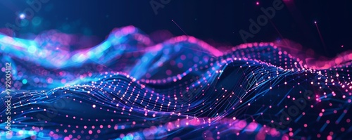 Flowing blue and pink neon particles in a dynamic wave pattern. Cyber technology theme background