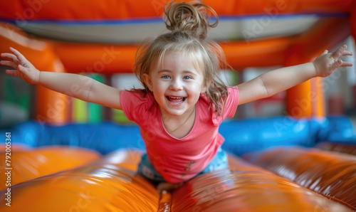A happy child girl on the inflatable bounce house © piai