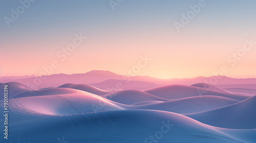 Desert landscape at dawn with smooth dunes and pastel sky. Digital art with a minimalist design. Peaceful nature and meditation concept for design and print. Aerial view with place for text © Alexey