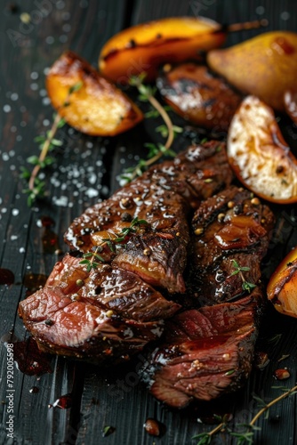 Steak and Potatoes on Wooden Table