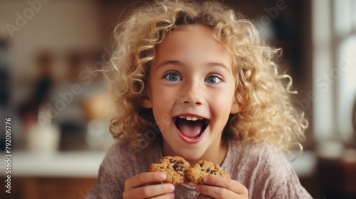 Joyful Child Enjoying Delicious Homemade Cookies in Kitchen