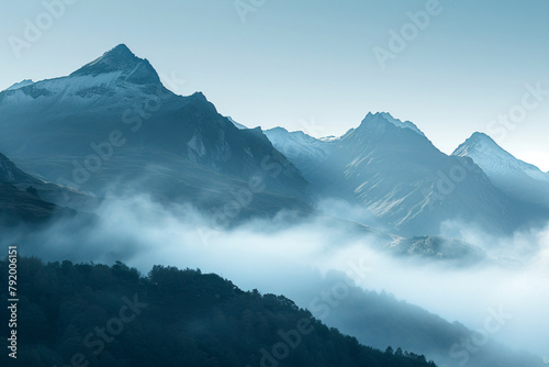 Misty mountain peaks with snow and forest. Serene landscape photography with copy space. Nature and travel concept. Design for poster, wallpaper, print photo