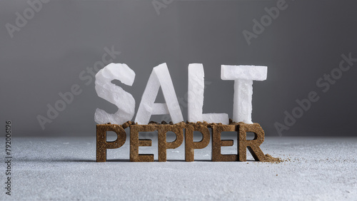 Large salt crystal and pepper powder letters forming the word 'salt pepper' on a minimal grey backdrop and sprinkled salt surface. photo