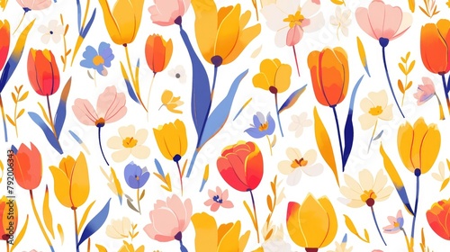 This delightful pattern features adorable small cartoon tulip flowers on a crisp white background perfect for a variety of uses including textiles fabric wrapping paper backdrops w #792006343