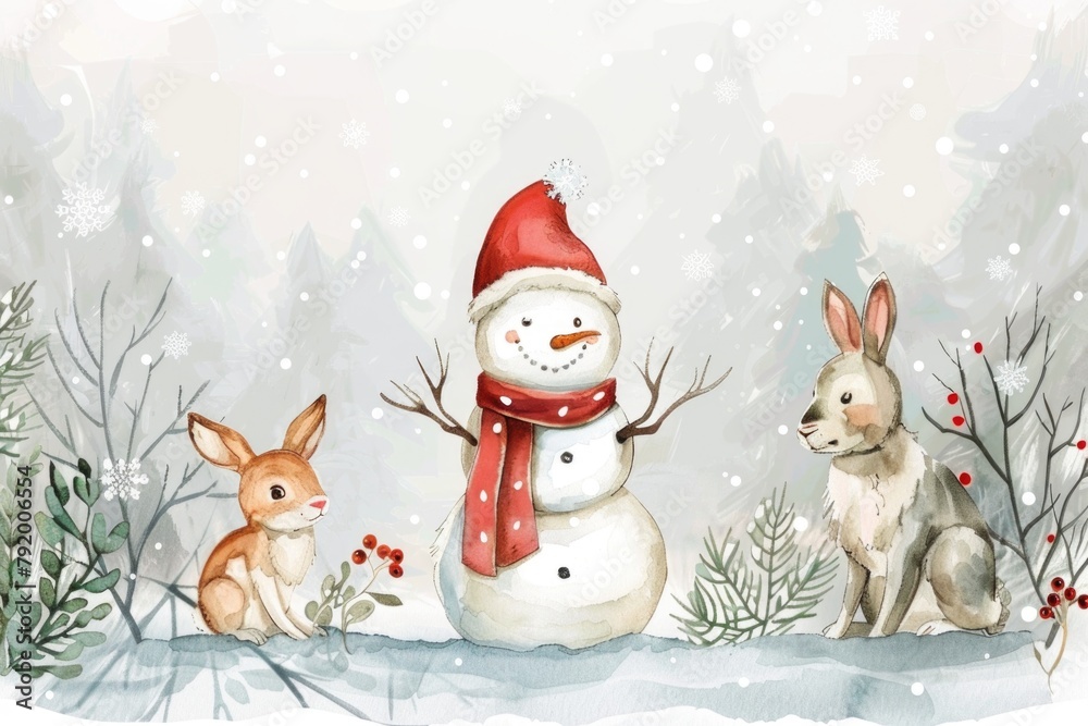 Snowman and Two Rabbits Painting Snowman and Two Rabbits Painting