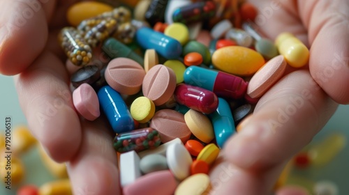 Close-up of hands holding a variety of colorful pills. Healthcare and medicine concept.