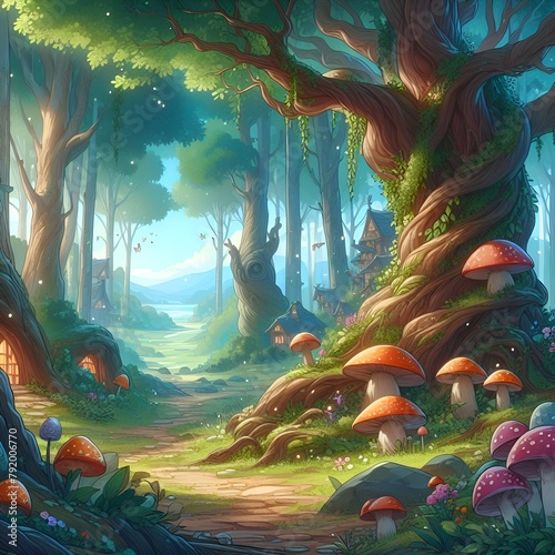 Digital fantasy forest landscape illustration with magic trees  mushrooms  concept art style painting with nature  outdoor fairy tale drawing. Summer village artwork with wonderful colors.