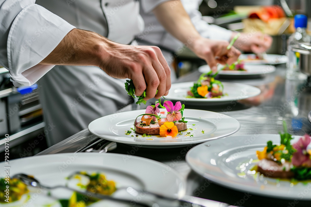 Professional chefs garnishing gourmet dishes with edible flowers in a restaurant kitchen