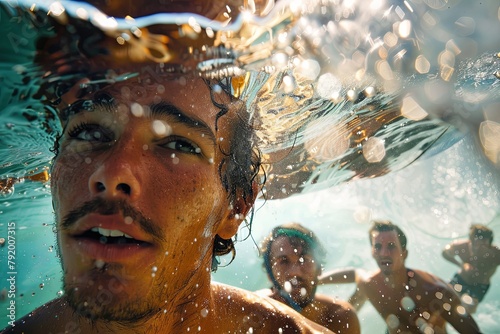 Portrait of a surfer under water, a man under water.