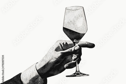 Wine glass with wine in hand, on a white background, newspaper style photo