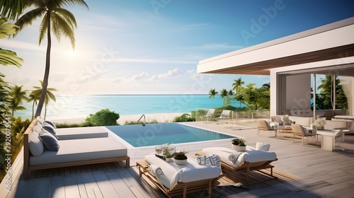 Swimming pool in luxury villa on the beach. Panorama