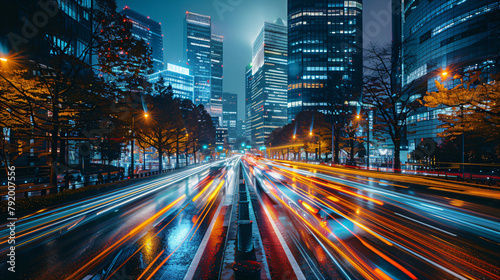 City street at night with light trails and modern buildings. Urban life and transportation concept. Design for background, wallpaper, travel guide