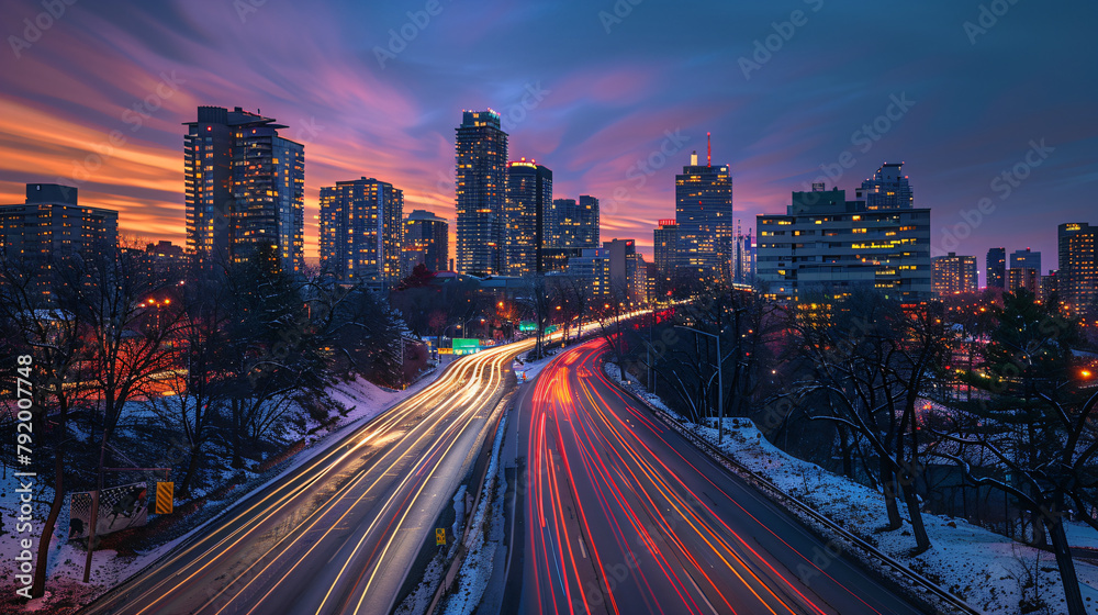 Obraz premium City skyline with glowing sunset and traffic light trails on highway. Urban life and transportation concept. Design for wallpaper, background, travel guide