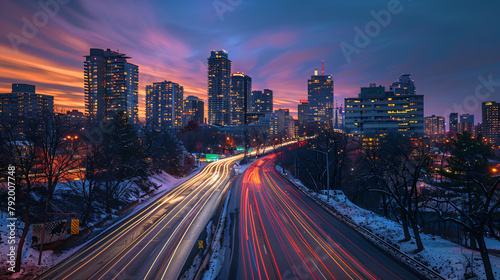 City skyline with glowing sunset and traffic light trails on highway. Urban life and transportation concept. Design for wallpaper, background, travel guide photo